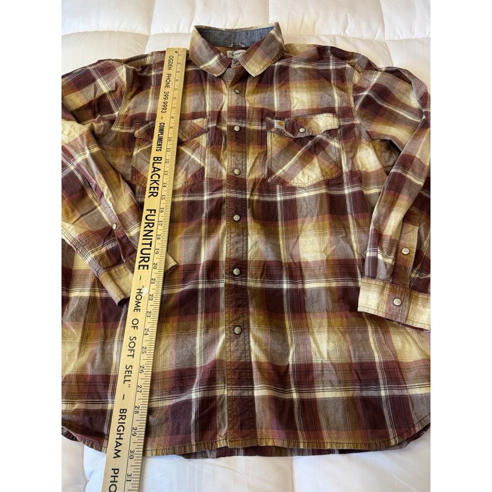 XL Carhartt Long Sleeve Snap Button Up Shirt Plaid Brown Western Work - Picture 9 of 9